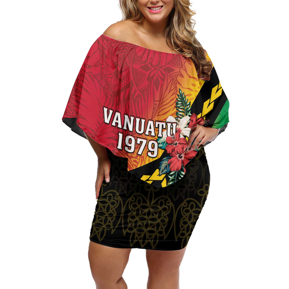 Happy Vanuatu Constitution Day Off Shoulder Short Dress Flag Style With Sand Drawing Pattern LT05 Women Red - Polynesian Pride
