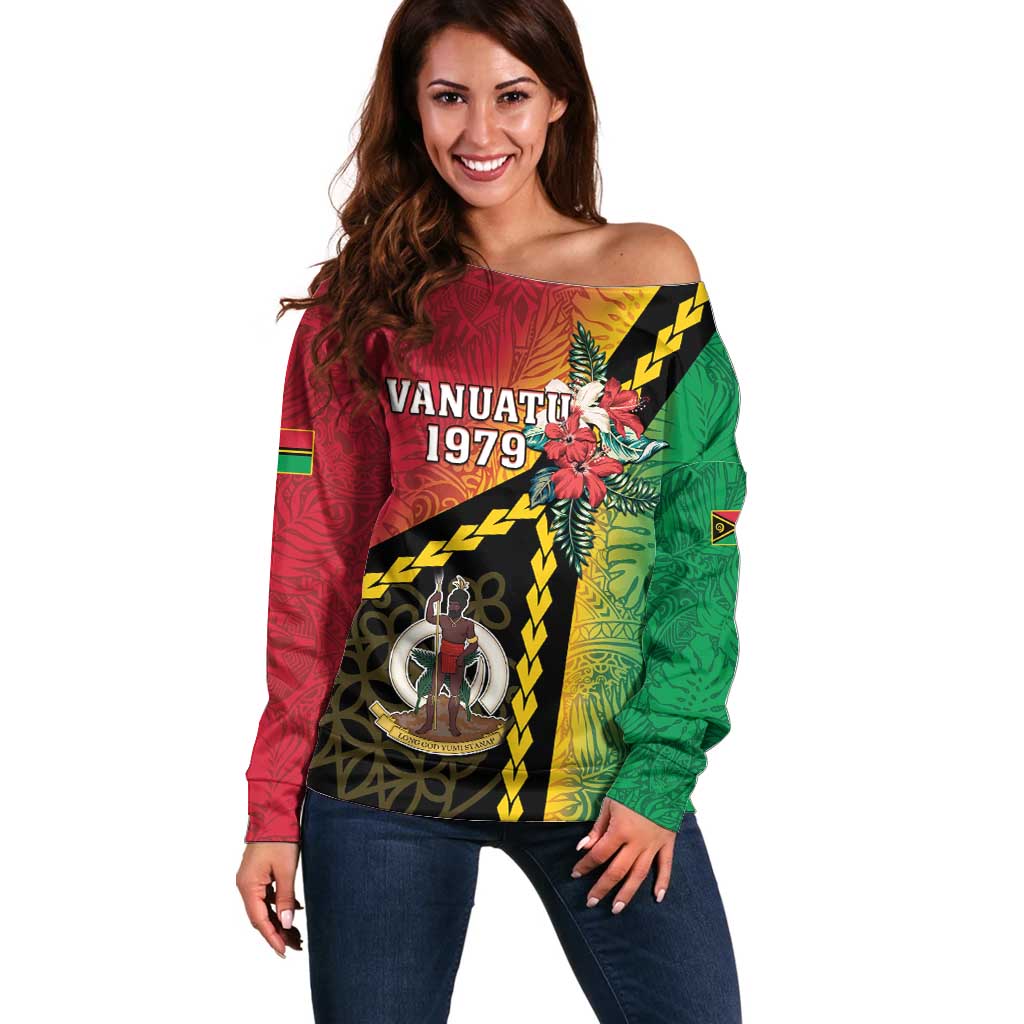 Happy Vanuatu Constitution Day Off Shoulder Sweater Flag Style With Sand Drawing Pattern