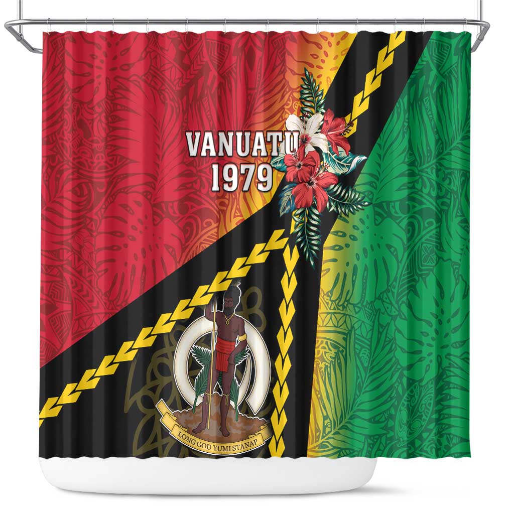 Happy Vanuatu Constitution Day Shower Curtain Flag Style With Sand Drawing Pattern LT05 Red - Polynesian Pride