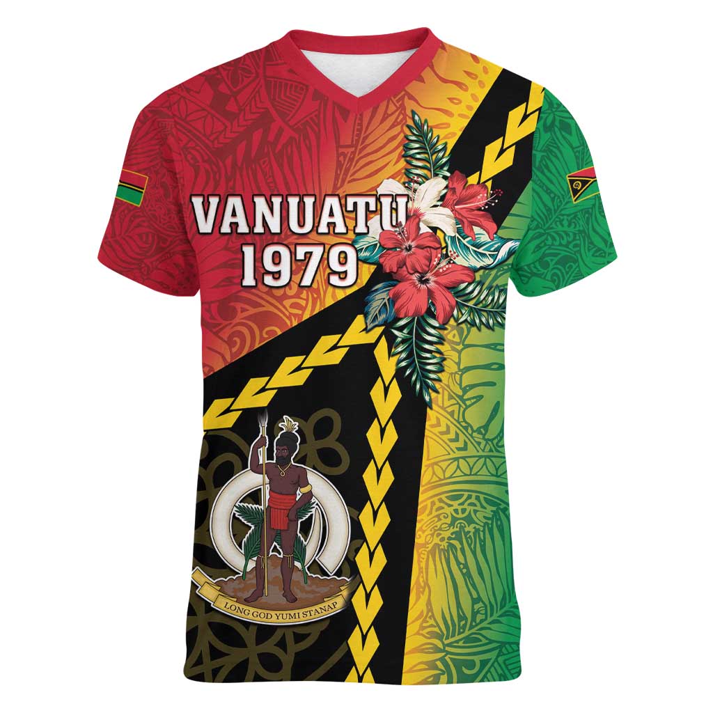 Happy Vanuatu Constitution Day Women V-Neck T-Shirt Flag Style With Sand Drawing Pattern LT05 Female Red - Polynesian Pride