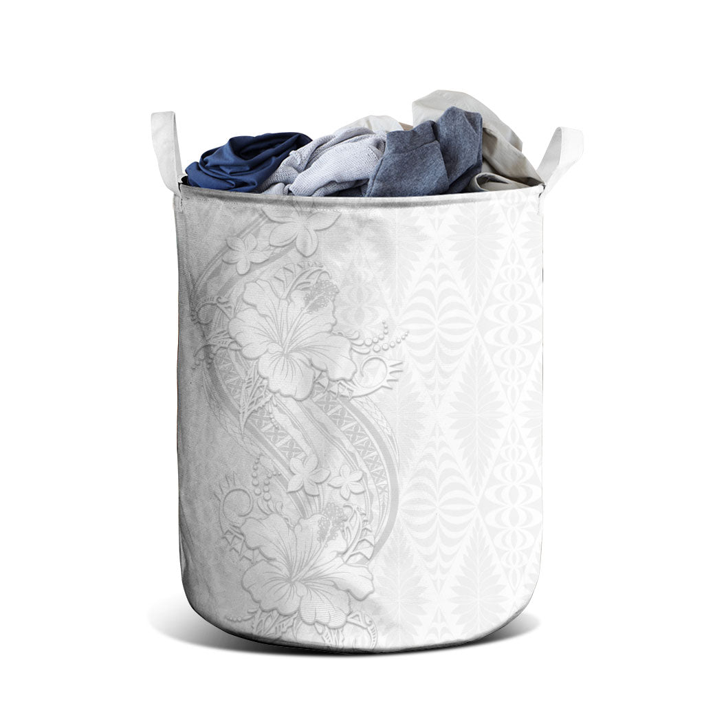 Tokelau White Sunday Laundry Basket Elegant Hibiscus Polynesian Tribal Pattern LT05 - Polynesian Pride