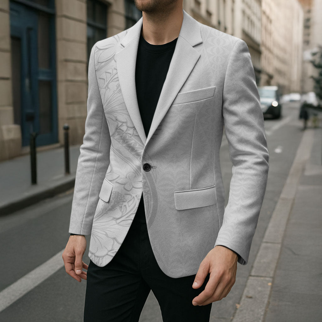 Tokelau White Sunday Blazer Elegant Hibiscus Polynesian Tribal Pattern