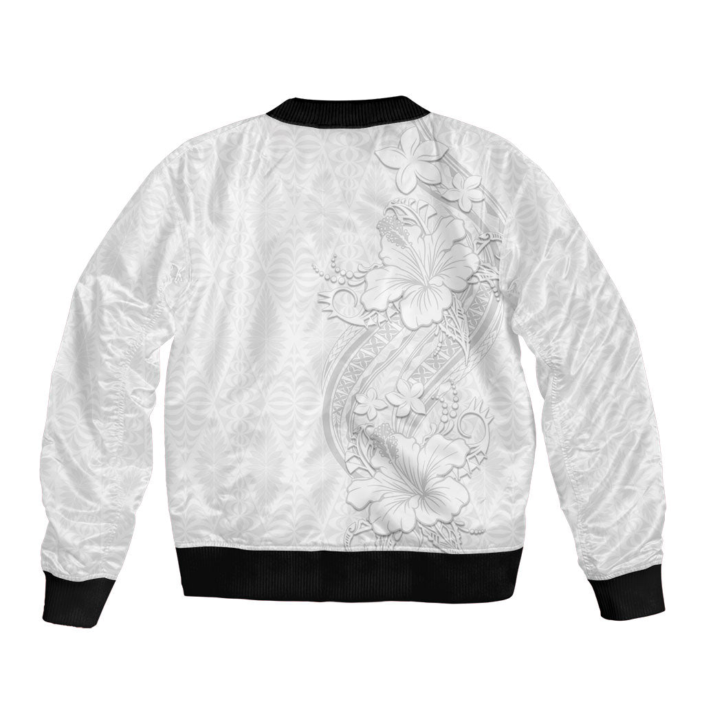 Tokelau White Sunday Bomber Jacket Elegant Hibiscus Polynesian Tribal Pattern