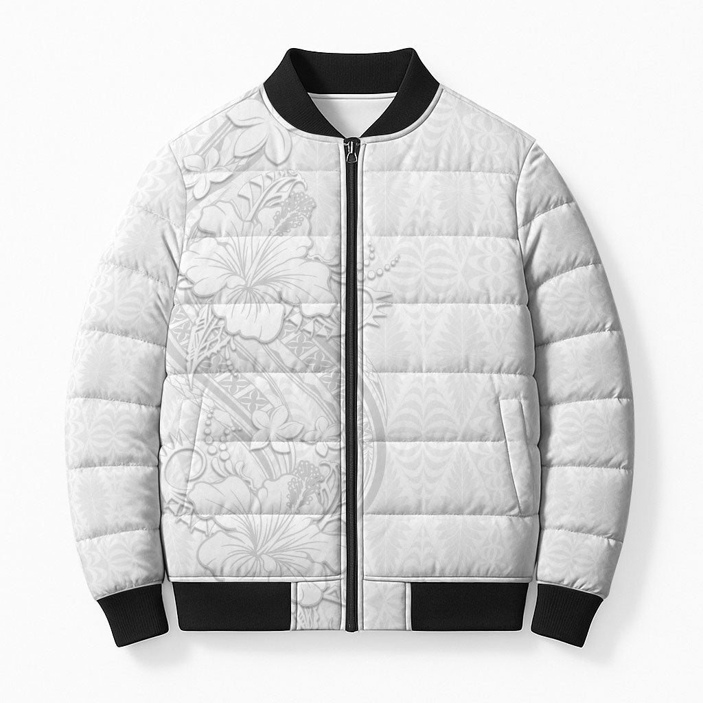 Tokelau White Sunday Bomber Puffer Jacket Elegant Hibiscus Polynesian Tribal Pattern LT05 Unisex White - Polynesian Pride