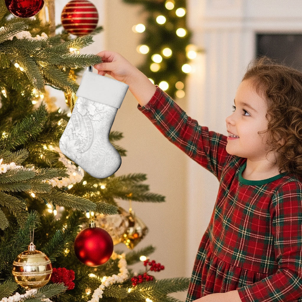 Tokelau White Sunday Christmas Stocking Elegant Hibiscus Polynesian Tribal Pattern