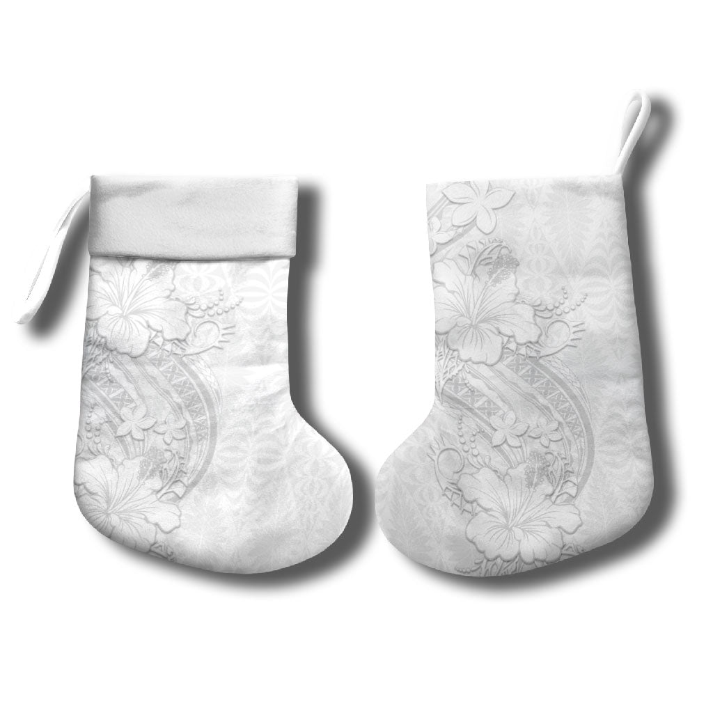 Tokelau White Sunday Christmas Stocking Elegant Hibiscus Polynesian Tribal Pattern