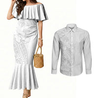 Tokelau White Sunday Couples Matching Mermaid Dress and Long Sleeve Button Shirt Elegant Hibiscus Polynesian Tribal Pattern LT05 White - Polynesian Pride