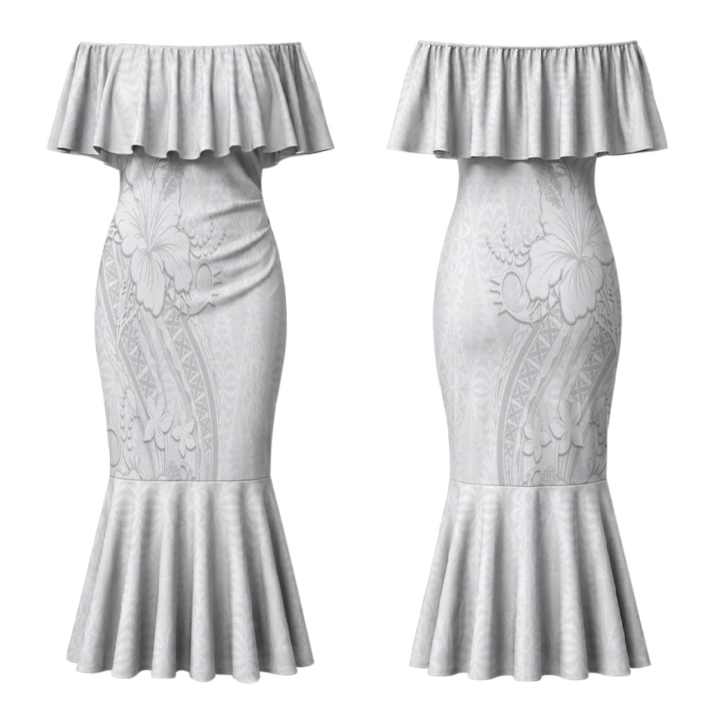 Tokelau White Sunday Couples Matching Mermaid Dress and Long Sleeve Button Shirt Elegant Hibiscus Polynesian Tribal Pattern LT05 - Polynesian Pride