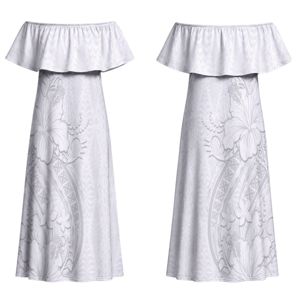 Tokelau White Sunday Couples Matching Off Shoulder Maxi Dress and Hawaiian Shirt Elegant Hibiscus Polynesian Tribal Pattern LT05 - Polynesian Pride