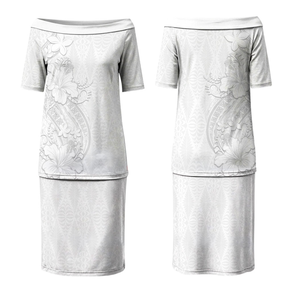 Tokelau White Sunday Couples Matching Puletasi and Long Sleeve Button Shirt Elegant Hibiscus Polynesian Tribal Pattern LT05 - Polynesian Pride