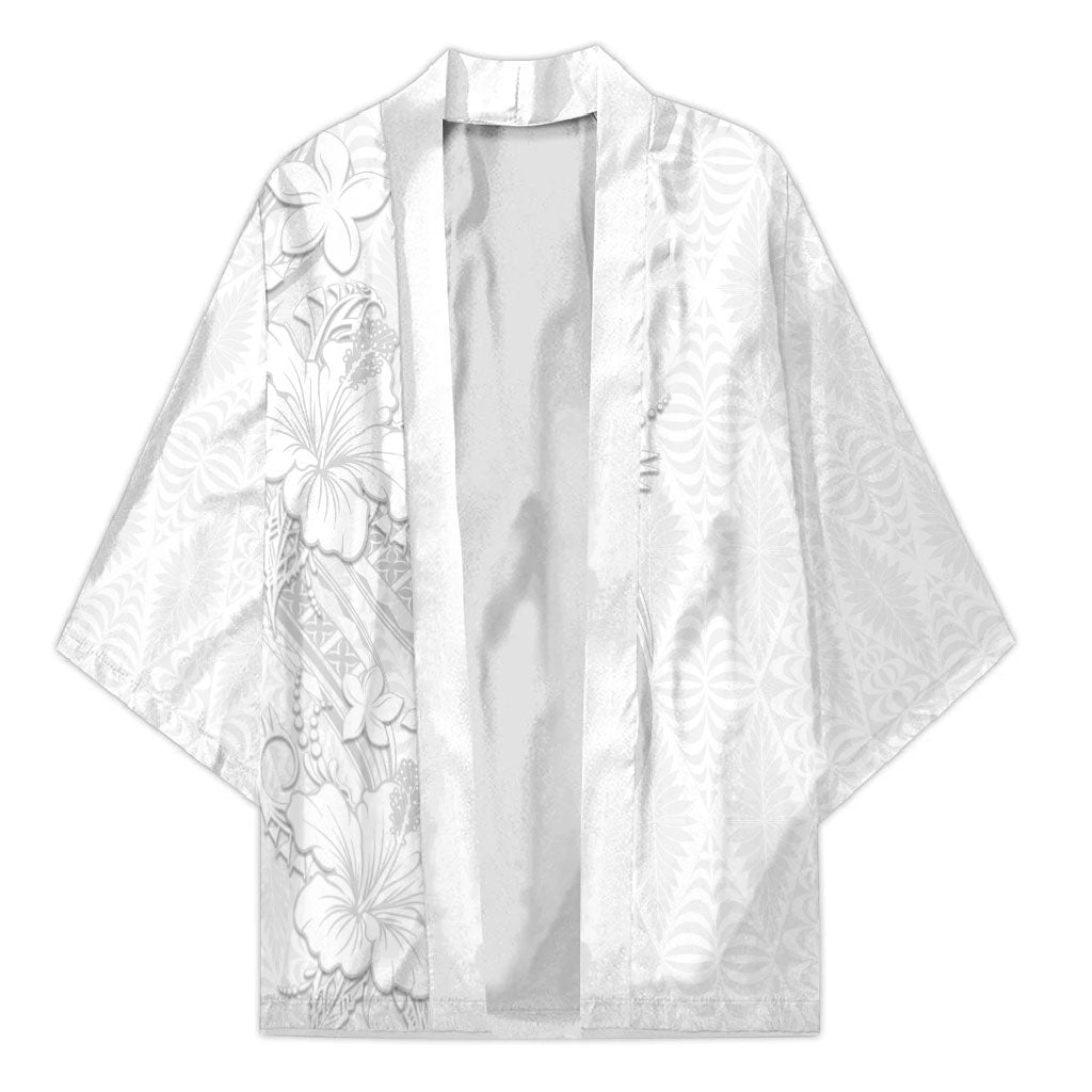 Tokelau White Sunday Kimono Elegant Hibiscus Polynesian Tribal Pattern LT05 Unisex White - Polynesian Pride