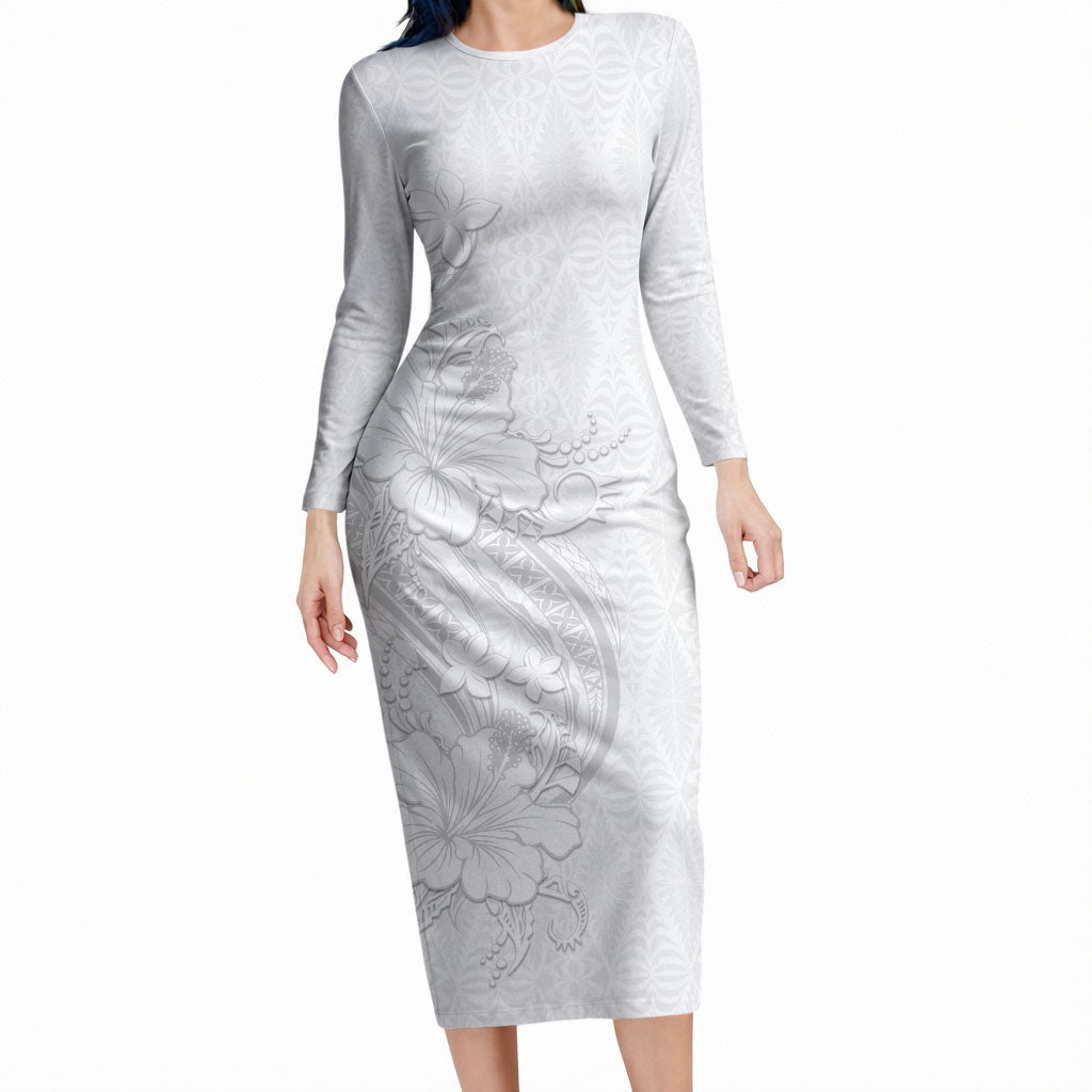 Tokelau White Sunday Long Sleeve Bodycon Dress Elegant Hibiscus Polynesian Tribal Pattern LT05 Long Dress White - Polynesian Pride