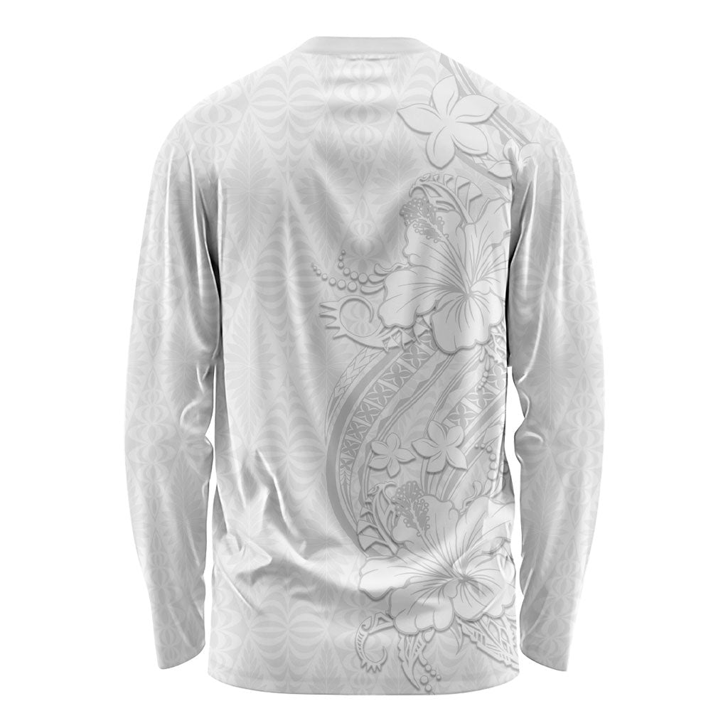 Tokelau White Sunday Long Sleeve Shirt Elegant Hibiscus Polynesian Tribal Pattern LT05 - Polynesian Pride