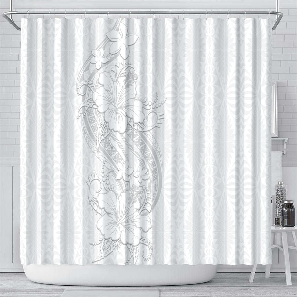 Tokelau White Sunday Shower Curtain Elegant Hibiscus Polynesian Tribal Pattern LT05 - Polynesian Pride