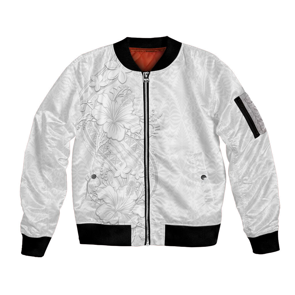 Tokelau White Sunday Sleeve Zip Bomber Jacket Elegant Hibiscus Polynesian Tribal Pattern LT05 Unisex White - Polynesian Pride