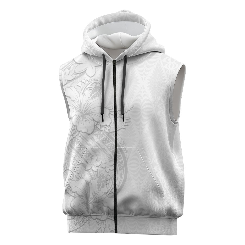 Tokelau White Sunday Sleeveless Zip Hoodie Elegant Hibiscus Polynesian Tribal Pattern