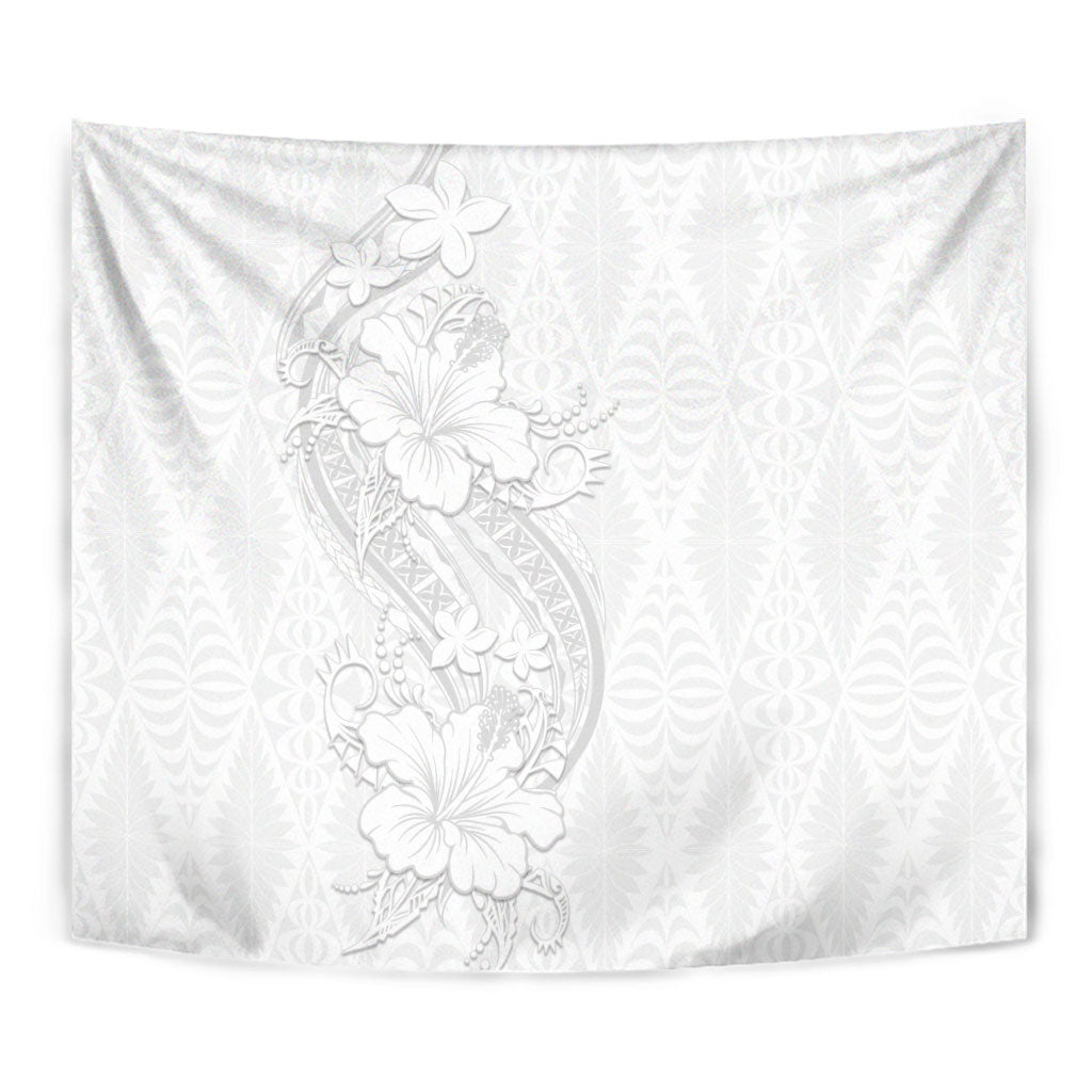 Tokelau White Sunday Tapestry Elegant Hibiscus Polynesian Tribal Pattern