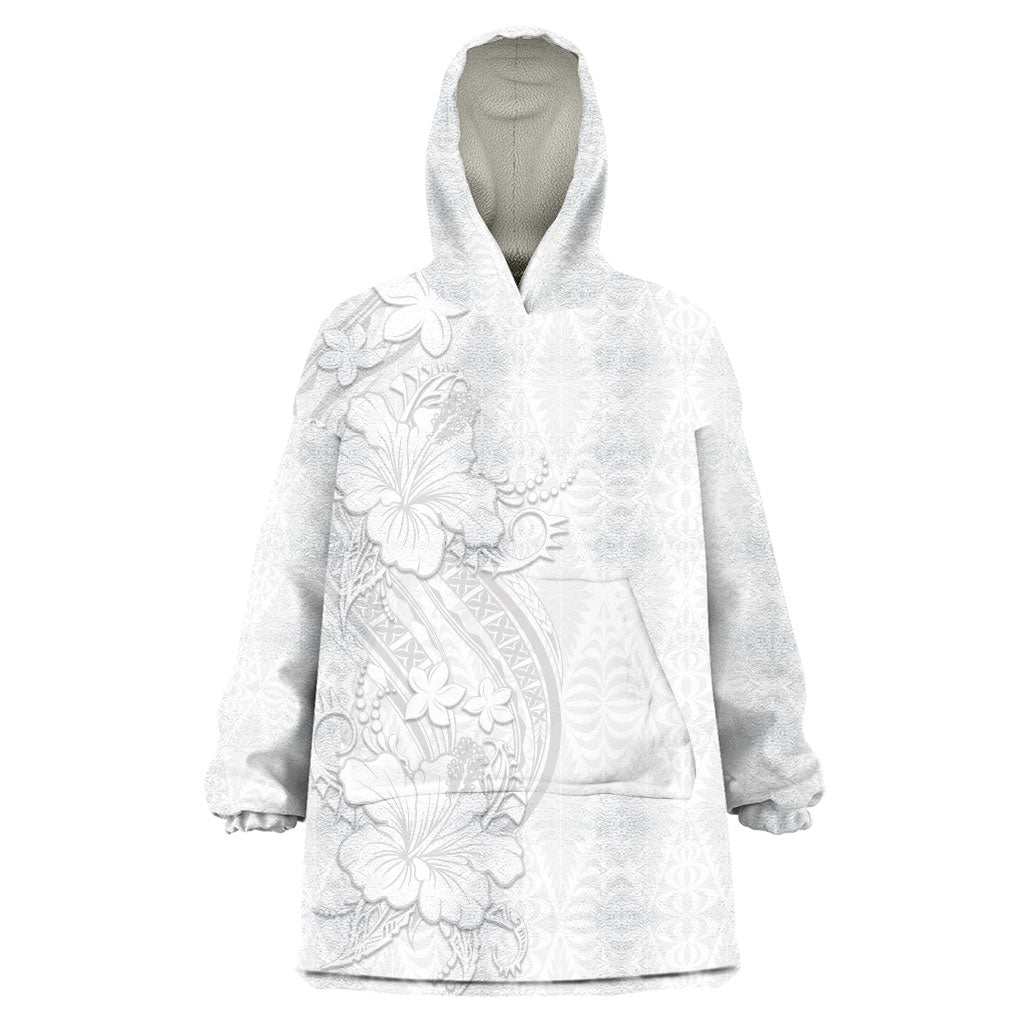Tokelau White Sunday Wearable Blanket Hoodie Elegant Hibiscus Polynesian Tribal Pattern LT05 One Size White - Polynesian Pride