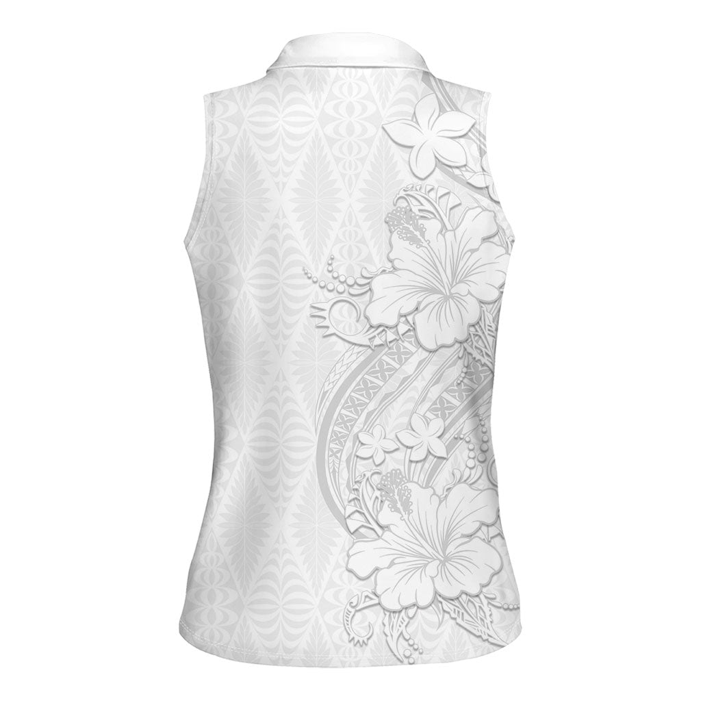 Tokelau White Sunday Women Sleeveless Polo Shirt Elegant Hibiscus Polynesian Tribal Pattern LT05 - Polynesian Pride