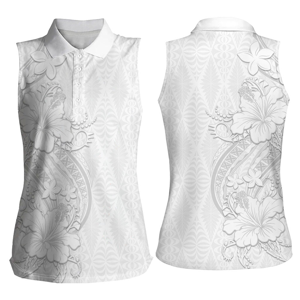 Tokelau White Sunday Women Sleeveless Polo Shirt Elegant Hibiscus Polynesian Tribal Pattern LT05 - Polynesian Pride