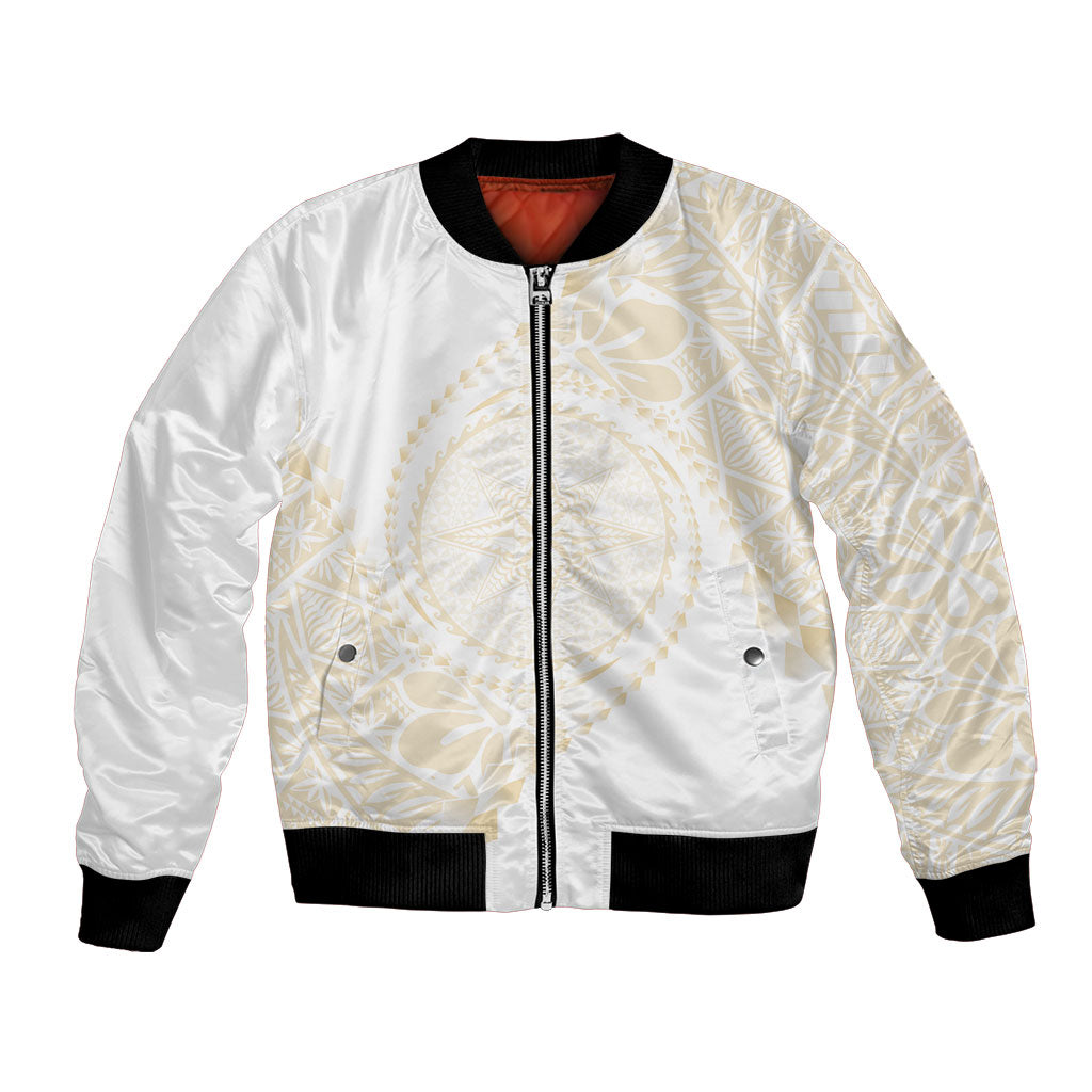 Tonga White Sunday Bomber Jacket Lotu Tamaiti Tongan Kupesi Pattern LT05 Unisex Beige - Polynesian Pride
