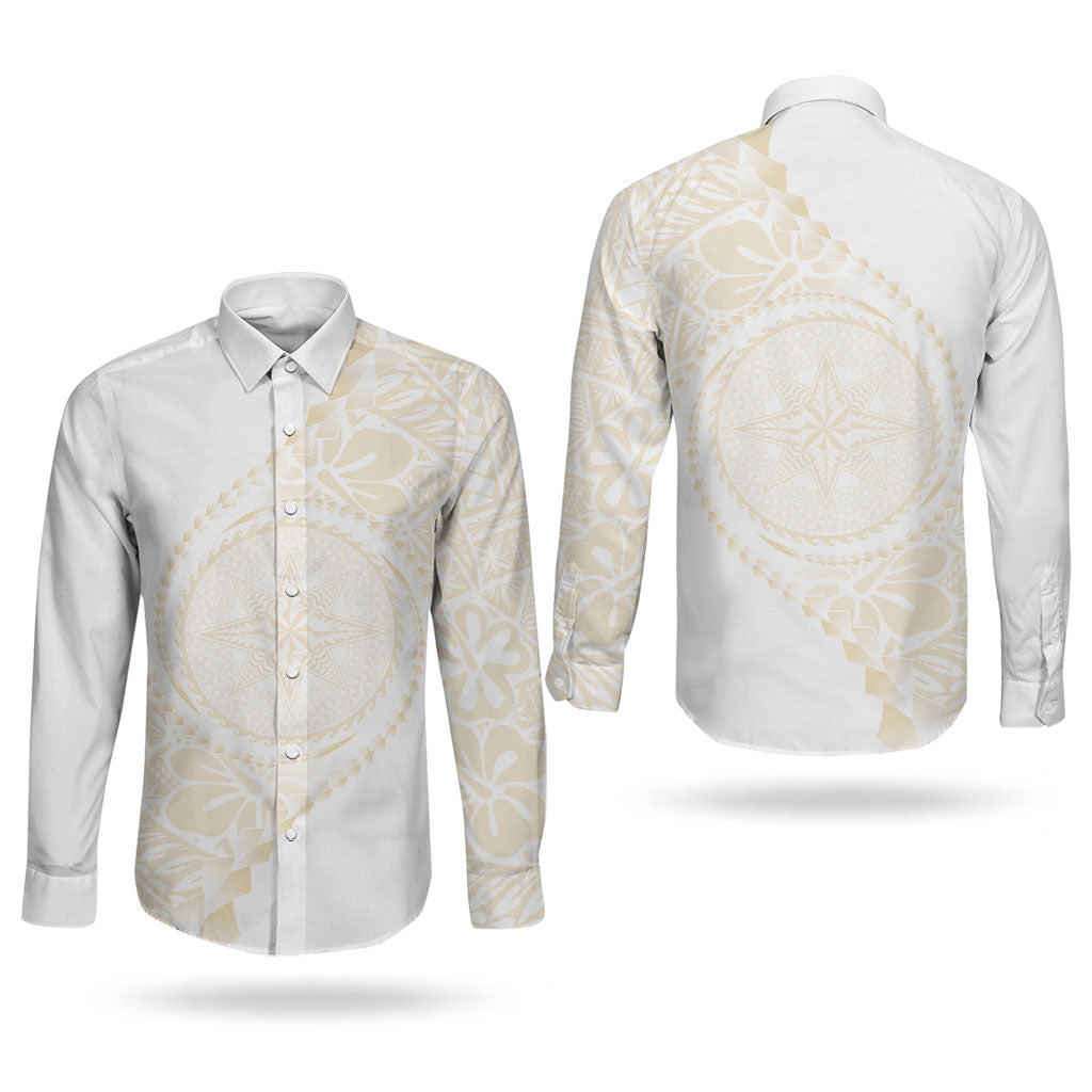Tonga White Sunday Couples Matching Long Sleeve Bodycon Dress and Long Sleeve Button Shirt Lotu Tamaiti Tongan Kupesi Pattern LT05 - Polynesian Pride