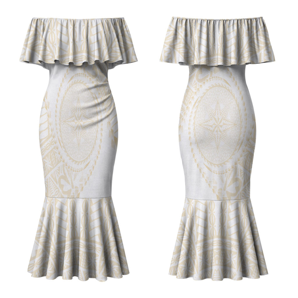 Tonga White Sunday Couples Matching Mermaid Dress and Long Sleeve Button Shirt Lotu Tamaiti Tongan Kupesi Pattern LT05 - Polynesian Pride