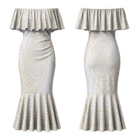 Tonga White Sunday Couples Matching Mermaid Dress and Long Sleeve Button Shirt Lotu Tamaiti Tongan Kupesi Pattern LT05 - Polynesian Pride