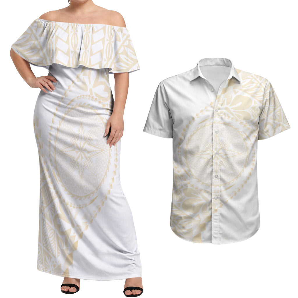 Tonga White Sunday Couples Matching Off Shoulder Maxi Dress and Hawaiian Shirt Lotu Tamaiti Tongan Kupesi Pattern LT05 Beige - Polynesian Pride