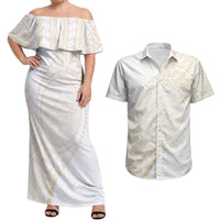 Tonga White Sunday Couples Matching Off Shoulder Maxi Dress and Hawaiian Shirt Lotu Tamaiti Tongan Kupesi Pattern LT05 Beige - Polynesian Pride