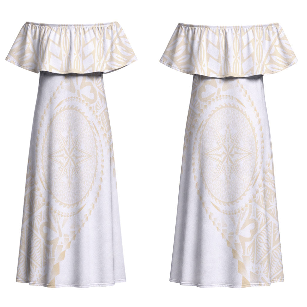 Tonga White Sunday Couples Matching Off Shoulder Maxi Dress and Hawaiian Shirt Lotu Tamaiti Tongan Kupesi Pattern LT05 - Polynesian Pride