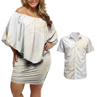 Tonga White Sunday Couples Matching Off Shoulder Short Dress and Hawaiian Shirt Lotu Tamaiti Tongan Kupesi Pattern LT05 Beige - Polynesian Pride