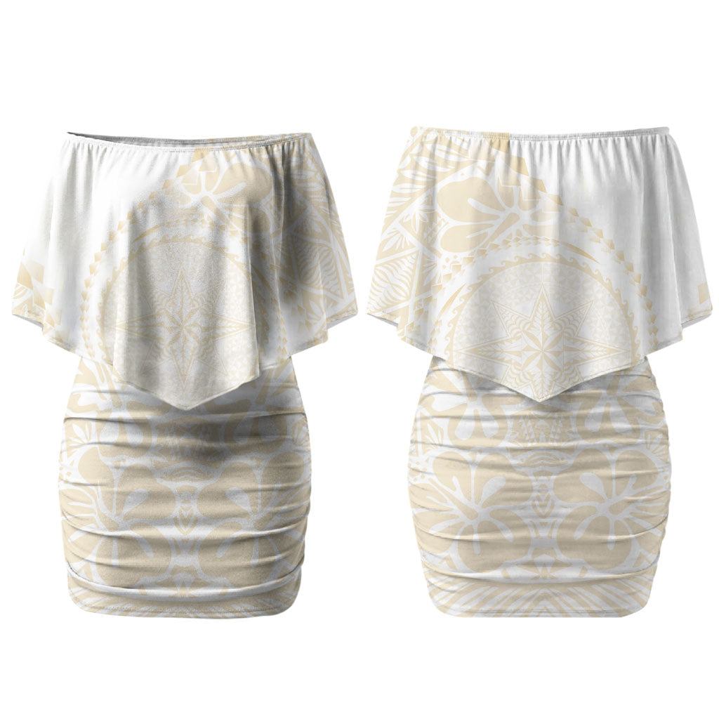 Tonga White Sunday Couples Matching Off Shoulder Short Dress and Hawaiian Shirt Lotu Tamaiti Tongan Kupesi Pattern LT05 - Polynesian Pride