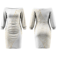 Tonga White Sunday Couples Matching Off The Shoulder Long Sleeve Dress and Long Sleeve Button Shirt Lotu Tamaiti Tongan Kupesi Pattern LT05 - Polynesian Pride