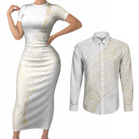 Tonga White Sunday Couples Matching Short Sleeve Bodycon Dress and Long Sleeve Button Shirt Lotu Tamaiti Tongan Kupesi Pattern LT05 Beige - Polynesian Pride
