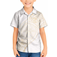 Tonga White Sunday Kid Hawaiian Shirt Lotu Tamaiti Tongan Kupesi Pattern LT05 Kid Beige - Polynesian Pride