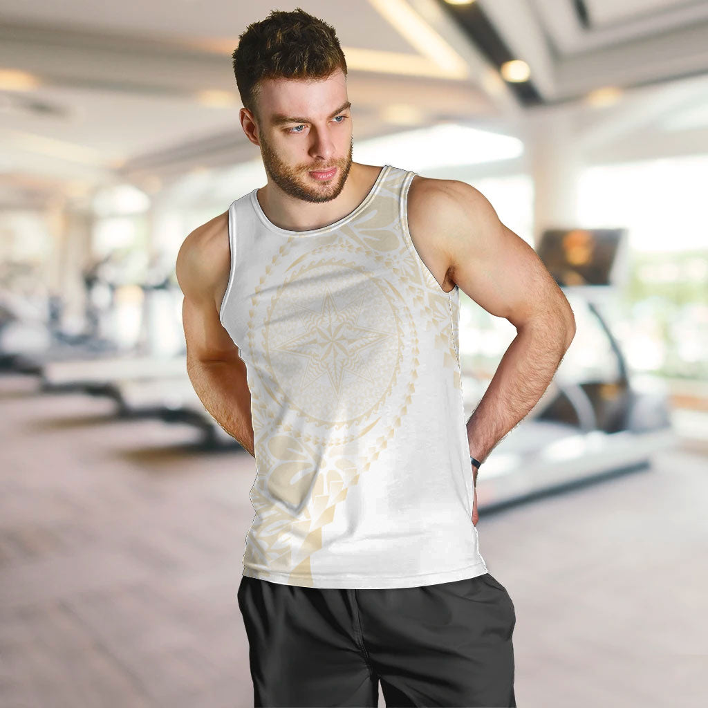 Tonga White Sunday Men Tank Top Lotu Tamaiti Tongan Kupesi Pattern LT05 Beige - Polynesian Pride