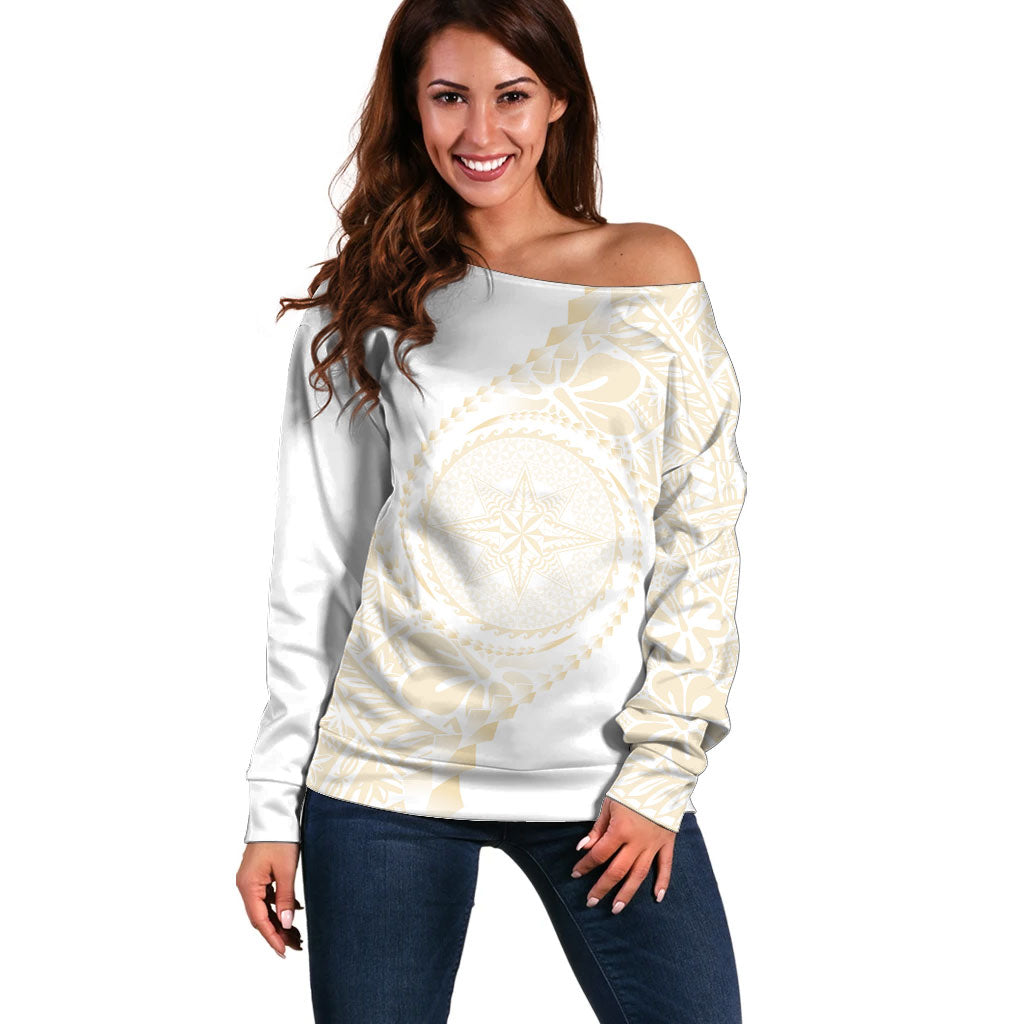 Tonga White Sunday Off Shoulder Sweater Lotu Tamaiti Tongan Kupesi Pattern LT05 Women Beige - Polynesian Pride