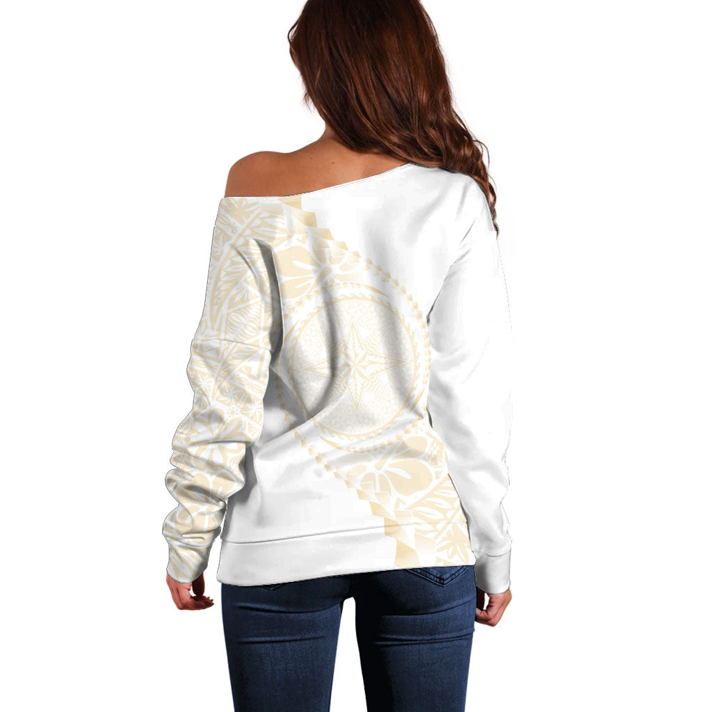 Tonga White Sunday Off Shoulder Sweater Lotu Tamaiti Tongan Kupesi Pattern LT05 - Polynesian Pride