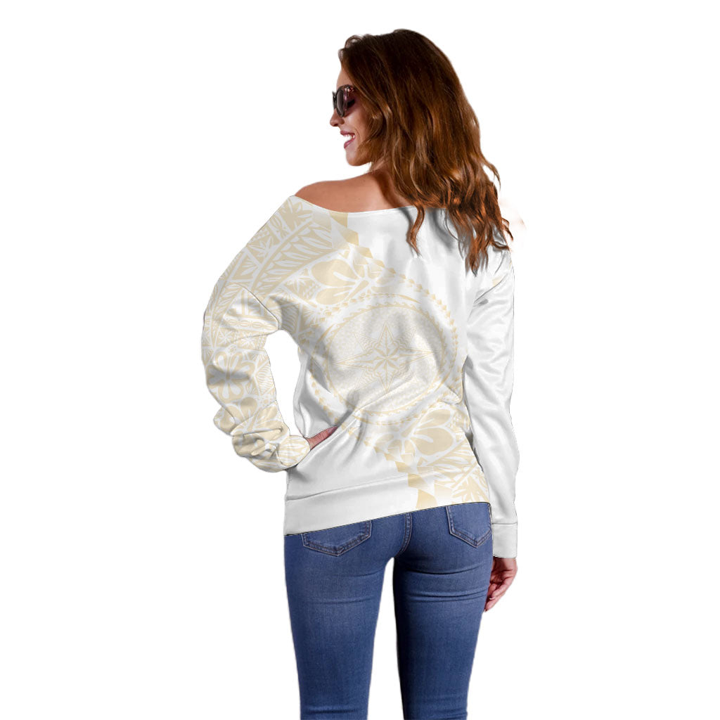 Tonga White Sunday Off Shoulder Sweater Lotu Tamaiti Tongan Kupesi Pattern LT05 - Polynesian Pride