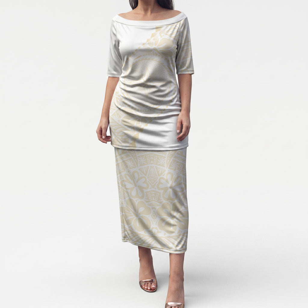 Tonga White Sunday Puletasi Lotu Tamaiti Tongan Kupesi Pattern LT05 Long Dress Beige - Polynesian Pride