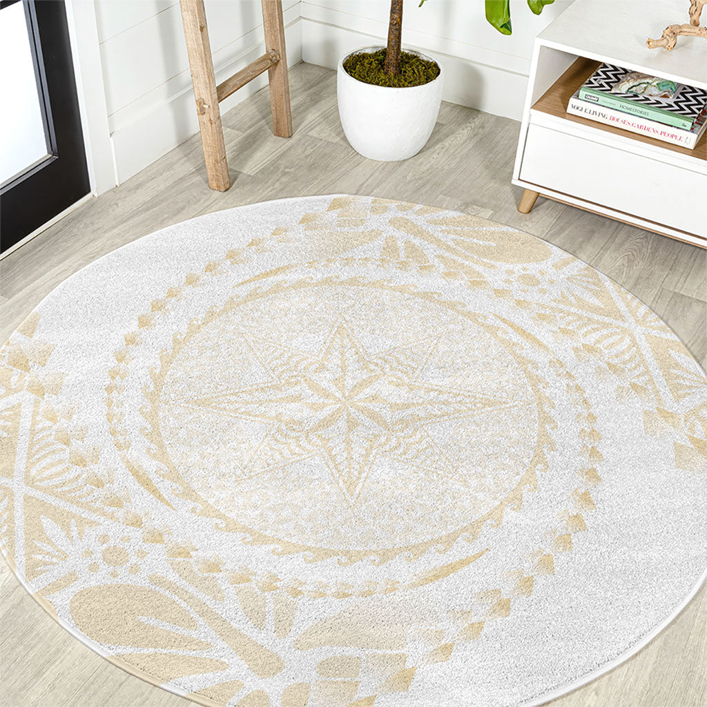 Tonga White Sunday Round Carpet Lotu Tamaiti Tongan Kupesi Pattern LT05 Beige - Polynesian Pride