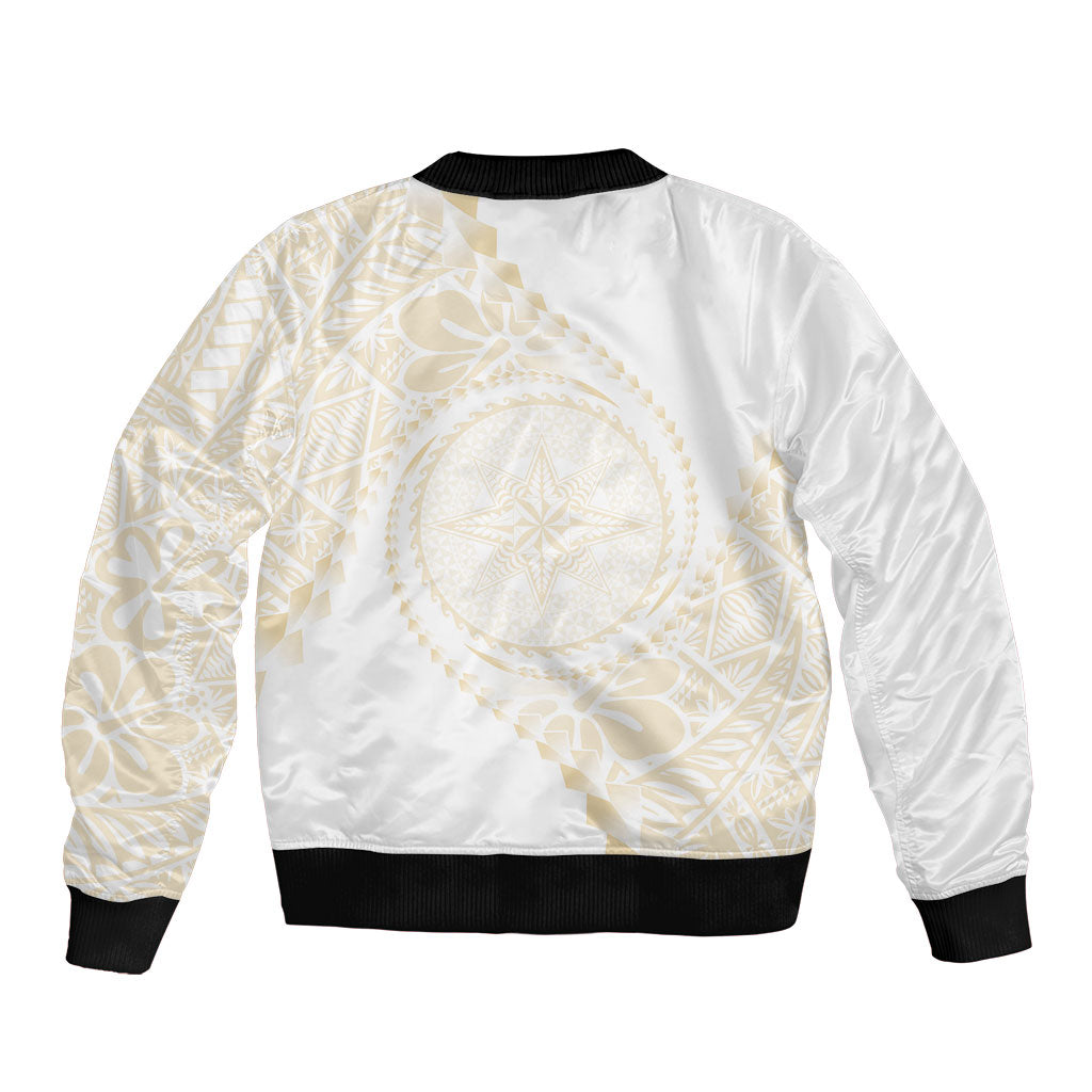 Tonga White Sunday Sleeve Zip Bomber Jacket Lotu Tamaiti Tongan Kupesi Pattern