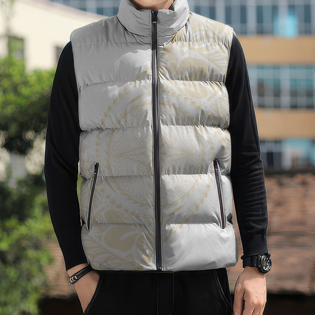 Tonga White Sunday Sleeveless Puffer Jacket Lotu Tamaiti Tongan Kupesi Pattern