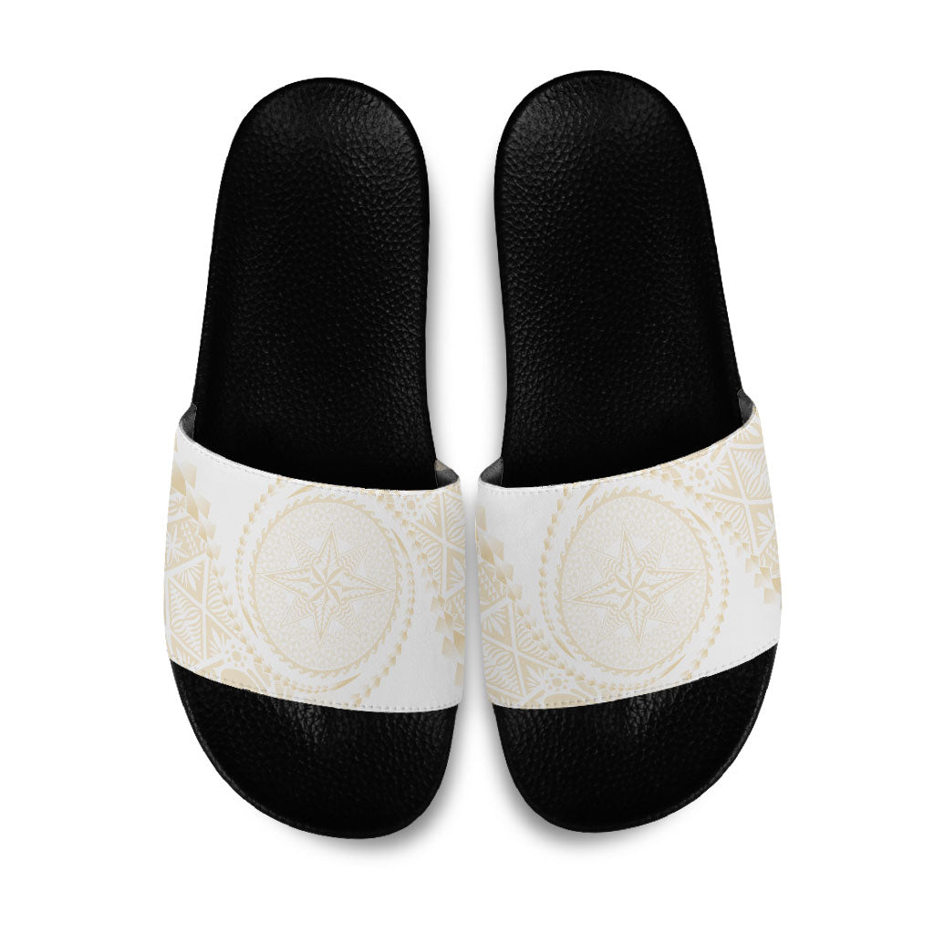 Tonga White Sunday Slide Sandals Lotu Tamaiti Tongan Kupesi Pattern LT05 Beige - Polynesian Pride