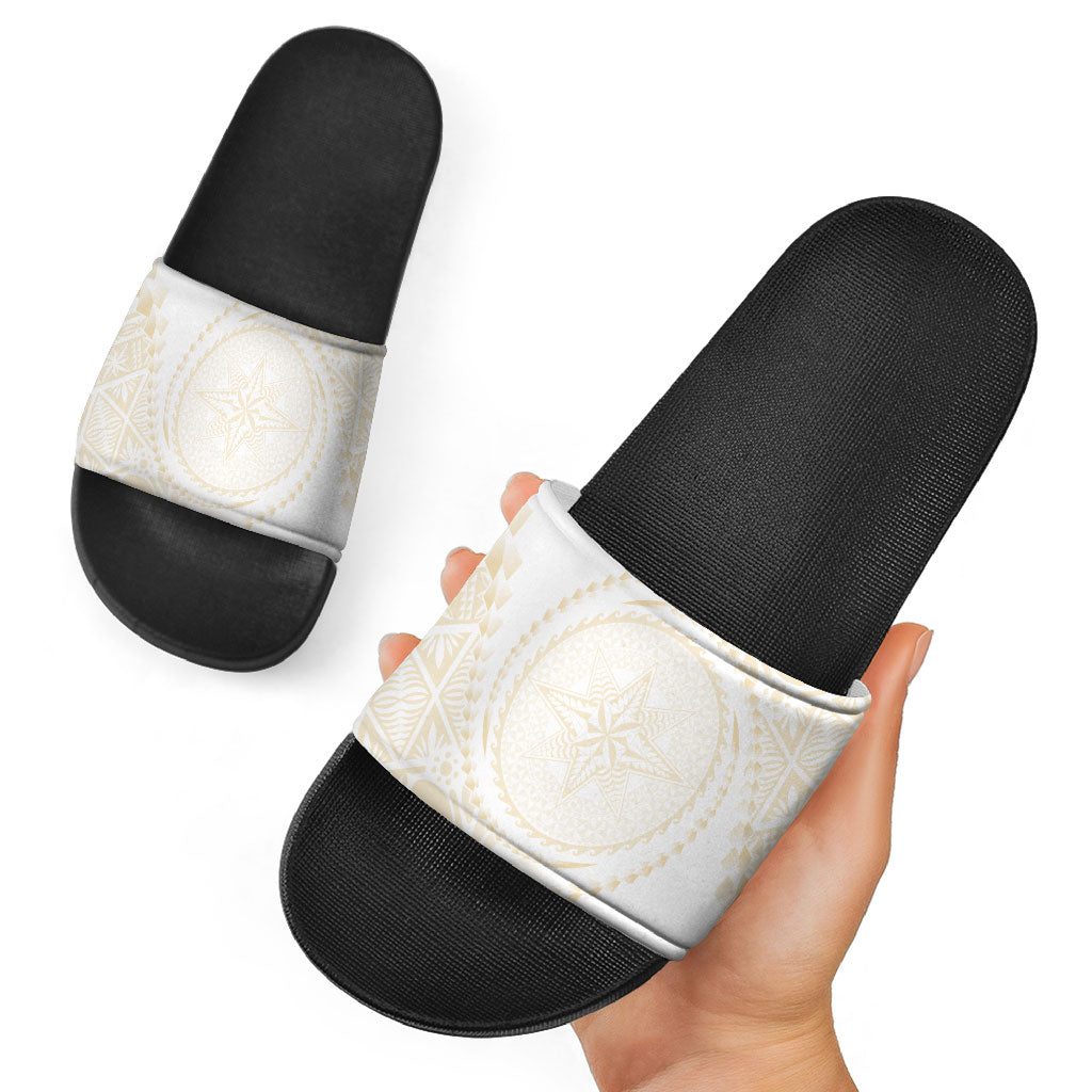 Tonga White Sunday Slide Sandals Lotu Tamaiti Tongan Kupesi Pattern LT05 - Polynesian Pride