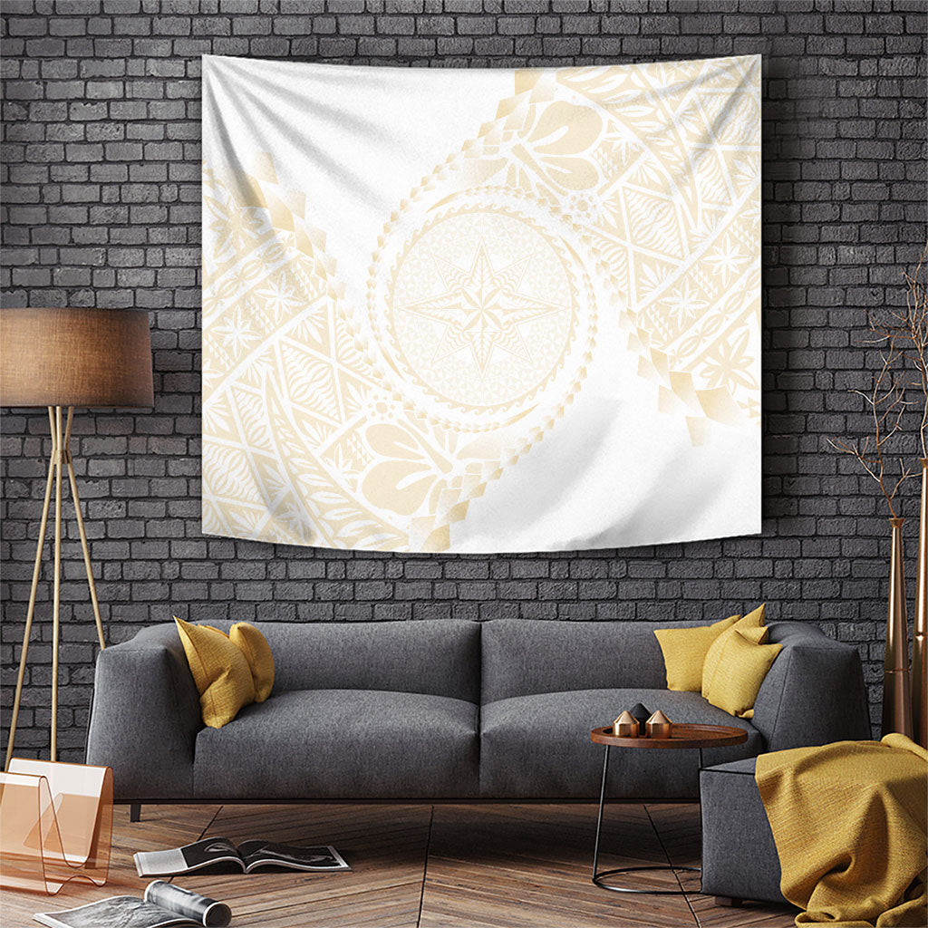 Tonga White Sunday Tapestry Lotu Tamaiti Tongan Kupesi Pattern LT05 Beige - Polynesian Pride
