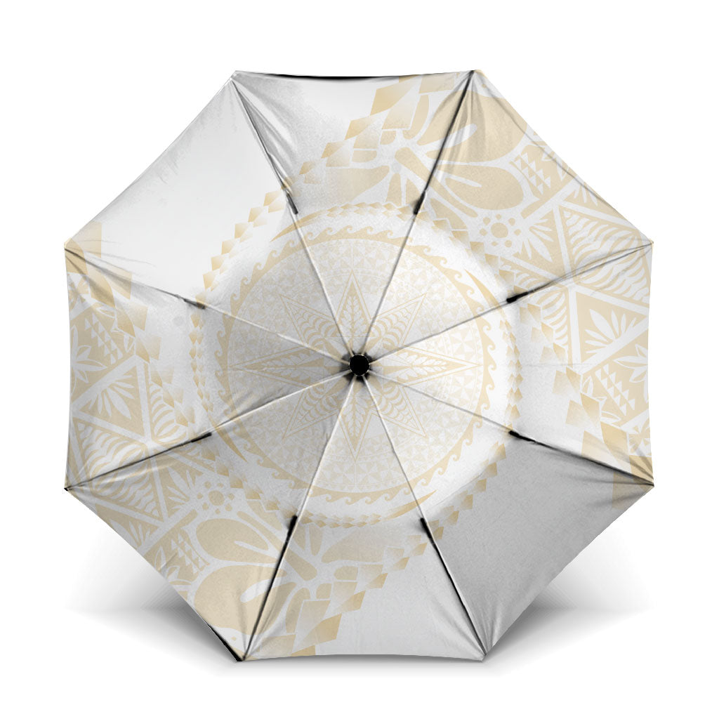 Tonga White Sunday Umbrella Lotu Tamaiti Tongan Kupesi Pattern LT05 One Size Folded 11.42 inch Opened Diameter 37.4 inch Beige - Polynesian Pride