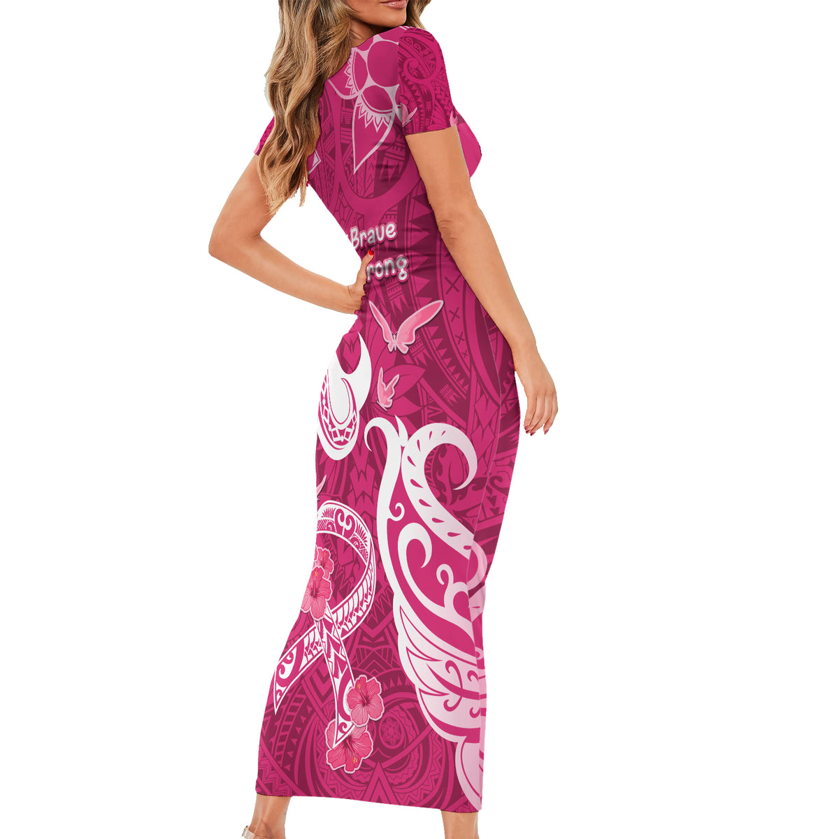 Breast Cancer Awareness Family Matching Short Sleeve Bodycon Dress and Hawaiian Shirt Ribbon Polynesian Pattern Pink Version LT05 - Polynesian Pride