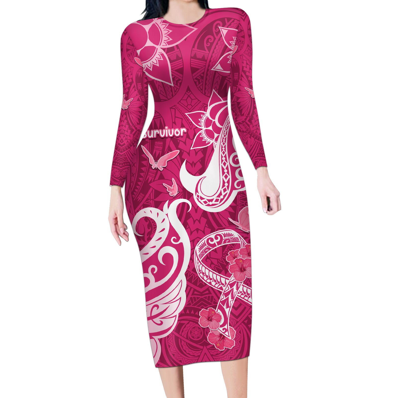 Breast Cancer Awareness Long Sleeve Bodycon Dress Ribbon Polynesian Pattern Pink Version LT05 Long Dress Pink - Polynesian Pride